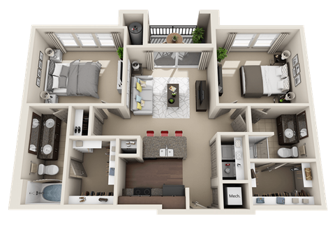 A 3D floor plan of a small apartment with a kitchen, living room, and two bedrooms.